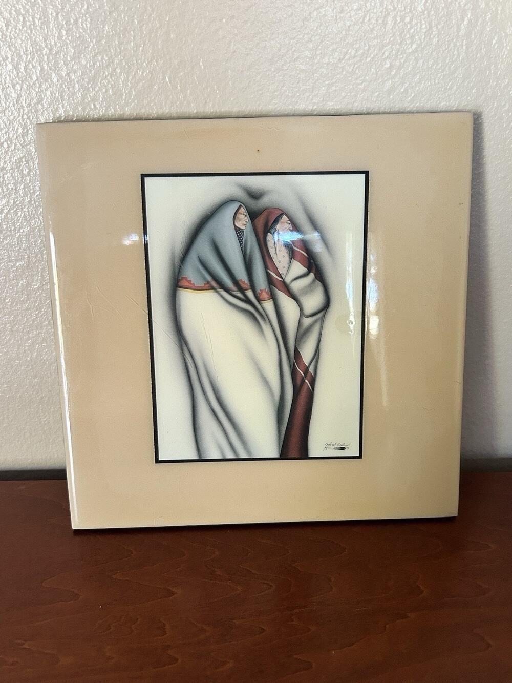 Vintage Robert Redbird Native American Art Ceramic Tile Wall Plaque 8x8 USA